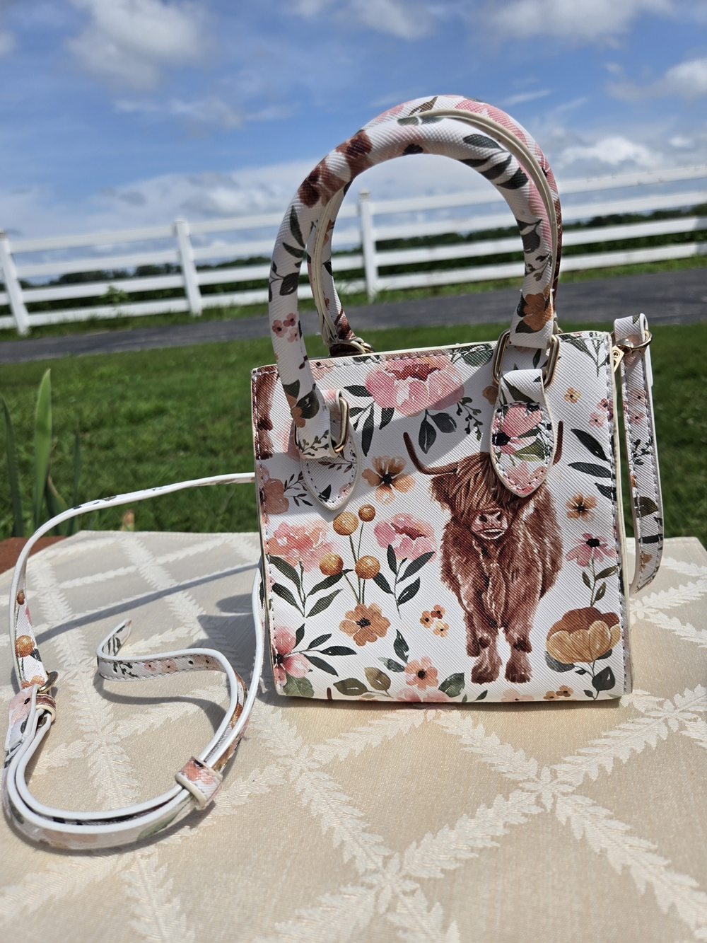 Floral Highland Cow Mini Satchel Handbag - White/Pink